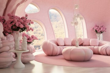 Obraz na płótnie Canvas Playful Pink flamingo themed room with furniture. Cozy pink couch in rose-hued party living room. Generate ai