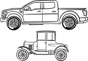 illustration of an off-road car and old fashion car