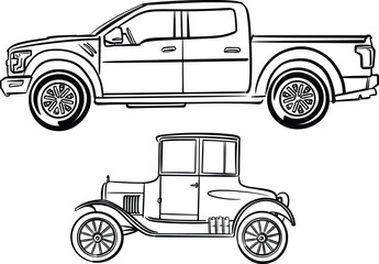 Fototapeta premium illustration of an off-road car and old fashion car