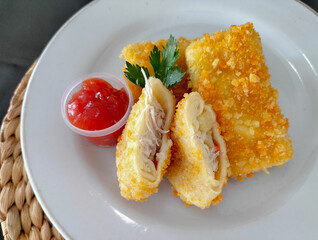 Risoles ragout filled with chicken, vegetables and mayo. Selective focus.
