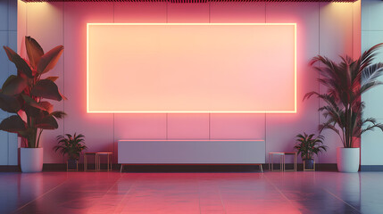 contemporary corporate or business office, fine dining restaurant branding white empty blank neon sign frame mockup template for identity logo branding at modern reception wall background