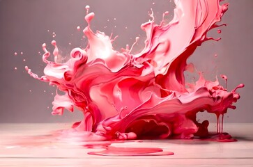 Crashing pink color paint waves spilling over everywhere into a wall and floor 