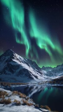 The Northern Lights illuminate the starry night sky over majestic snow-capped mountains and a lake. Northern Lights, the beauty of nature. Ideal for companies, stories, presentations, ads
