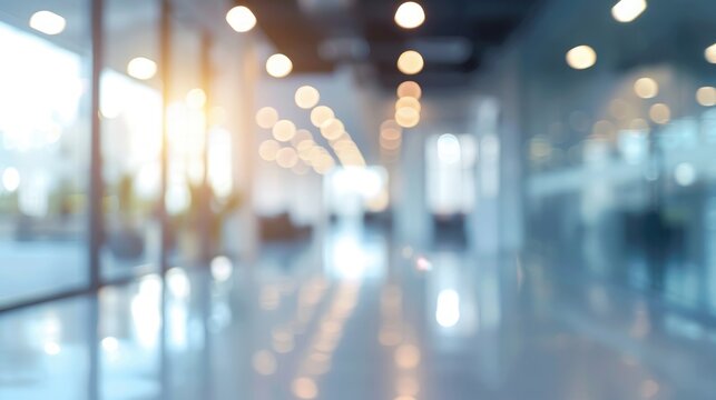 Abstract blurred image of a modern office corridor illuminated by bright ceiling lights, conveying work atmosphere