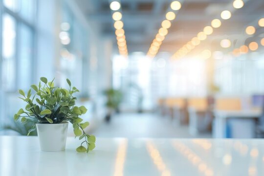 Abstract blurred image of a modern office corridor illuminated by bright ceiling lights, conveying work atmosphere