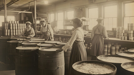 Early 1900s processing factory using half barrels