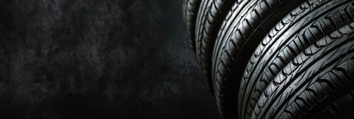 A set of new car tires arranged neatly on a textured black background, highlighting tread patterns and rubber quality - obrazy, fototapety, plakaty