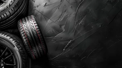 Fotobehang A set of new car tires arranged neatly on a textured black background, highlighting tread patterns and rubber quality © ttonaorh
