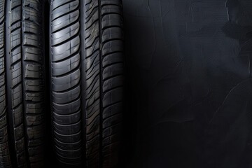 A set of new car tires arranged neatly on a textured black background, highlighting tread patterns and rubber quality