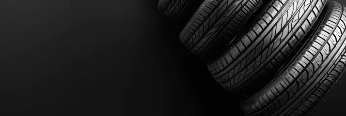 Fotobehang A set of new car tires arranged neatly on a textured black background, highlighting tread patterns and rubber quality © ttonaorh