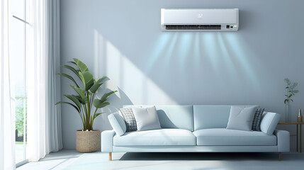 generic air conditioner purifier or AC controller split unit mockup with modern bright Livingroom background