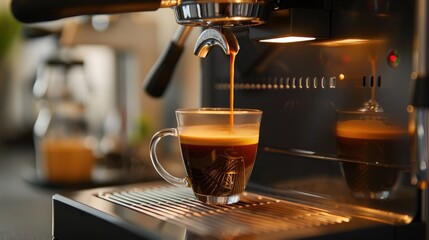 Close-up of an espresso machine brewing a hot, fresh cup of coffee, capturing the perfect morning start - obrazy, fototapety, plakaty