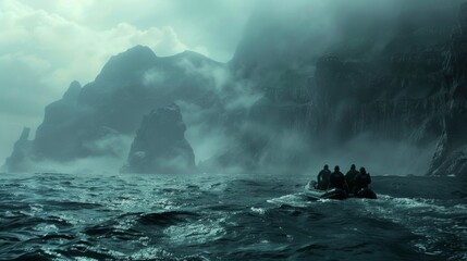 Obraz premium A group of explorers navigate through choppy waters on a small boat eyes fixed on the vast horizon ahead. The looming silhouette of a remote island emerges from the