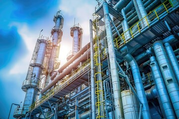Fototapeta premium The intricate metalwork of piping and distillation columns at an oil refinery, showcasing industrial efficiency and engineering