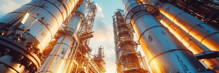 The intricate metalwork of piping and distillation columns at an oil refinery, showcasing industrial efficiency and engineering - obrazy, fototapety, plakaty