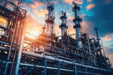 Fototapeta premium The intricate metalwork of piping and distillation columns at an oil refinery, showcasing industrial efficiency and engineering