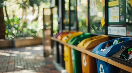 A set of recycling and composting bins at a campus dining hall accompanied by informational posters encouraging students to properly dispose of waste for a greener future.