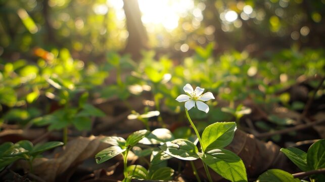 A tiny white flower ly visible to the d eye stands out in striking detail against a backdrop of sundappled leaves inviting the viewer to appreciate the often overlooked wonders