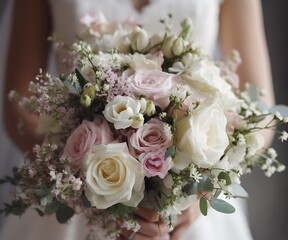 Close up of a bridal bouquet.  Background is blurred bride in a wedding dress.