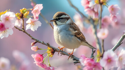Little wild bird sitting on branch of blossom cherry tree. Spring time