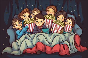 Cartoon cute doodles of a family movie marathon, with popcorn, cozy blankets, and everyone snuggled up on the couch, Generative AI