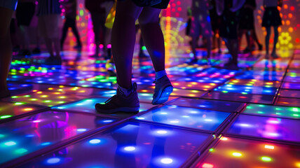 Dancers' feet glide across a colorful illuminated dance floor, capturing the dynamic energy and...