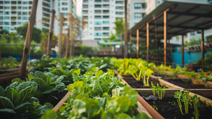 Lush greenery fills raised garden beds in this urban edible garden project, juxtaposing the natural vitality of home-grown produce against the backdrop of city high-rises