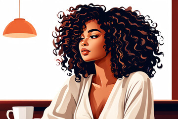 A black girl with beautiful curly hair in café, , illustration