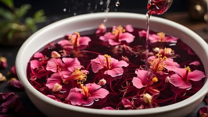 Obraz na płótnie Canvas spa still life with flowers, A hibiscus tea infusion process with dried flowers dancing in hot water