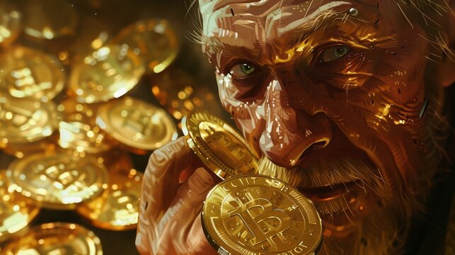 Close up of a greedy man hoarding Bitcoin a visual metaphor for modern avarice