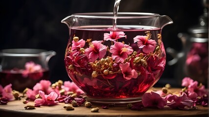 jar of pink rose petals, A hibiscus tea infusion process with dried flowers dancing in hot water
