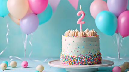 number 2 candle on a second year birthday or anniversary cake celebration with balloons and party decoration as banner with copy space area
