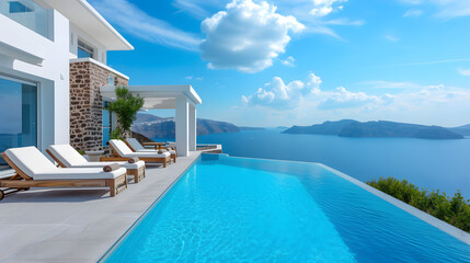Fototapeta premium Mediterranean white house and landscape, pool and sunbeds, beautiful sea view, greece travel and tourism concept, olive tree, greece style