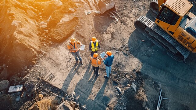 Aerial Drone Shot Of Construction Site With Excavators On Sunny Day: Diverse Team of Real Estate Developers Discussing Project. Civil Engineer, Architect, Inspector Talking And Using Tablet Computer. - Powered by Adobe