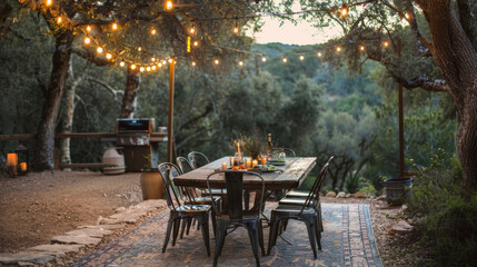 Fototapeta na wymiar An outdoor dining area with a salvaged wooden table surrounded by metal chairs softened by string lights and a rugged worn rug.