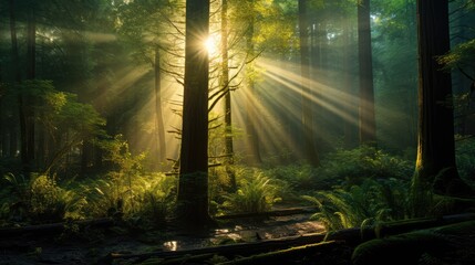Sunrays in dark forest. Sun rays in woods. Sunbeam light - obrazy, fototapety, plakaty