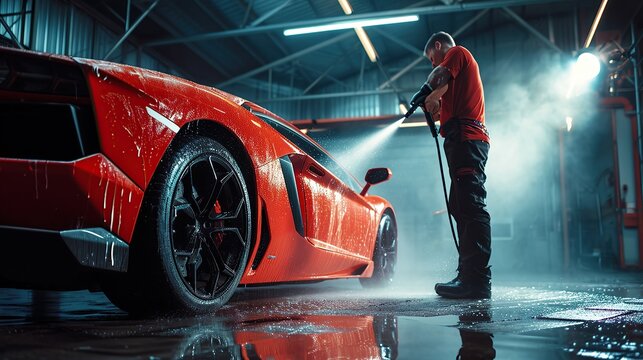 Car Wash Specialist Using Pressure Washer to Rinse a Red Modern Sportscar. Adult Man Washing Away Dirt, Preparing a Tuned Car for Detailing. copy space for text.
