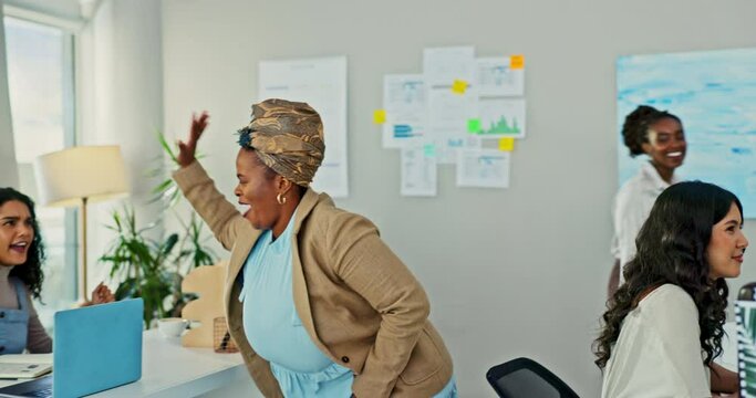 High five, dancing and woman in office excited for achievement, success and startup win. Celebration, promotion and girl at creative agency with happy energy, smile and good news in coworking space.