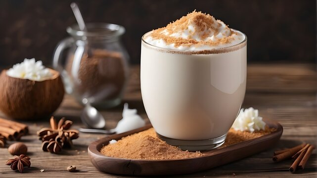 chocolate with whipped cream, A coconut milk latte with a sprinkle of cinnamon on a wooden table