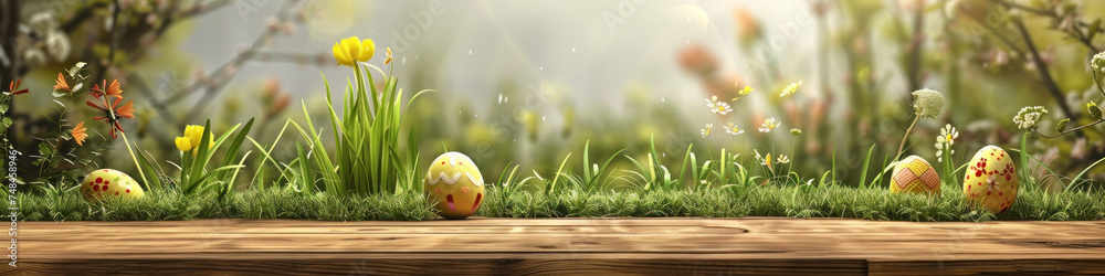 Aufkleber a wooden product display top with an easter background of painted eggs and green grass and meadows.