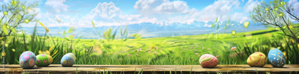 Aufkleber a wooden product display top with an easter background of painted eggs and green grass and meadows.