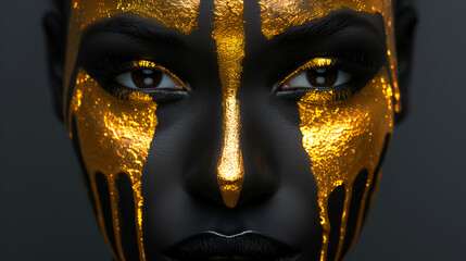 Close up face portrait with face art. Glamorous gold makeup, gold paint. generative ai 