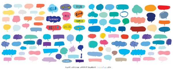 Cute vector speech bubble colorful set,Hand drawn set of speech bubbles with handwritten for book ,card, business, poster design. Vector illustration design for fashion fabrics, textile graphics
