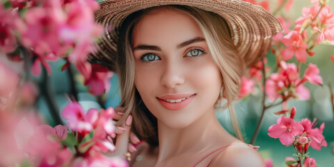 Naklejka premium Beautiful girl posing between beautiful pink blossoming trees in spring on a warm day with sunny weather