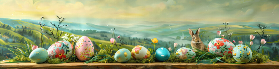 A wooden product display top with an Easter background of painted eggs, rabbit and green grass and meadows. - obrazy, fototapety, plakaty