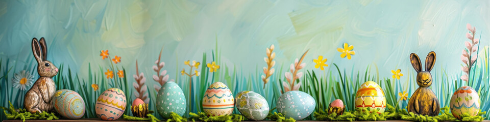 A wooden product display top with an Easter background of painted eggs, rabbit and green grass and meadows.