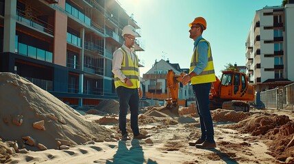 Caucasian Male Real Estate Investor And Civil Engineer Talking On Construction Site Of Apartment Block. Colleagues Discussing Building Progress. Excavator Loading Sand In Industrial Truck. - obrazy, fototapety, plakaty