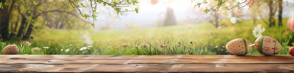 A wooden product display top with an Easter background of painted eggs and green grass and meadows.