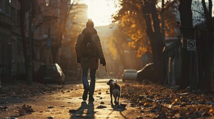 a man is walking with his pet - obrazy, fototapety, plakaty