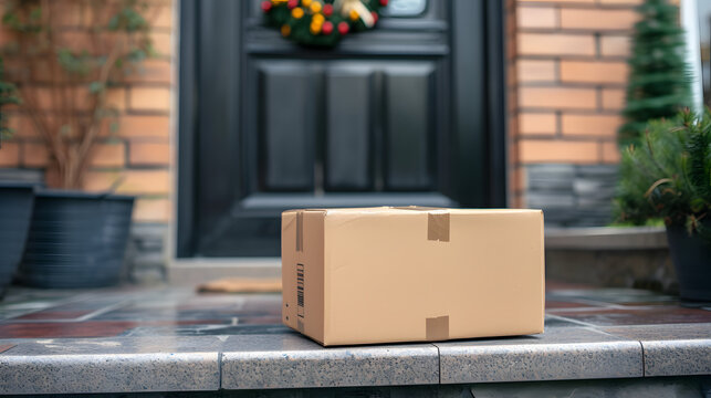 Online shopping delivery service concept. Cardboard parcel box delivered to the front door. Package near front door